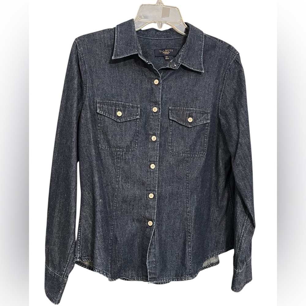 Talbots Collection Dark Wash Denim Shirt Womens 12P Button Front Casual Western